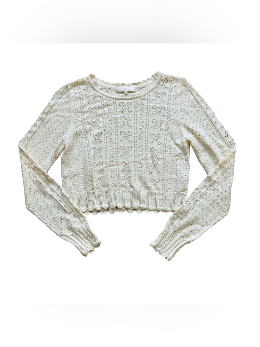 LoveShackFancy Sinfonia Cropped Pullover Cream Pointelle Bow Knit Sweater Small - Picture 4 of 13